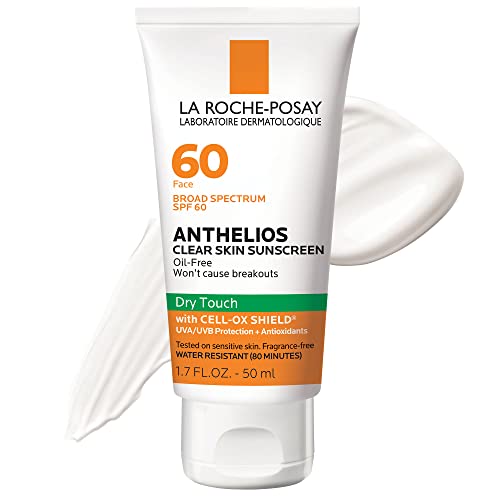 La Roche-Posay Anthelios Clear Skin Sunscreen Dry Touch SPF 60 | Oil Free Sunscreen For Face | Oil Absorbing | Broad Spectrum SPF + Antioxidants | Non-Greasy | Oxybenzone Free | Travel Size Sunscreen
