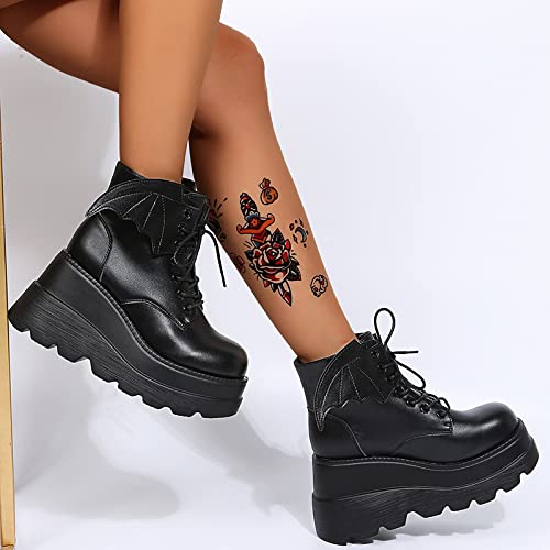 Image of Gothniero Platform Goth Ankle Boots for Womem Black Holographic Combat Chunky Heel Boots with Side Zip Lace Up Wedge Booties US5.5-11