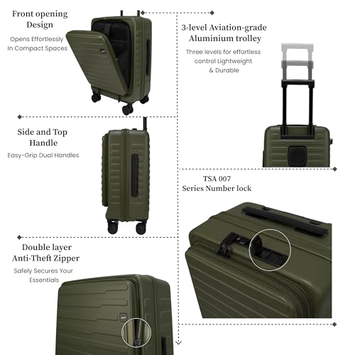 Image of F Gear Sedona Small Cabin Pro 54cm German Polycarbonate Hard Luggage|8 Japanese Hinomoto Silent Wheels| USB & Type-C Charging, Phone Stand & Cup Holder | Front Opening Suitcase for travel (army Green)