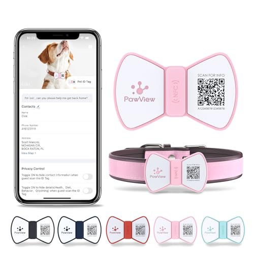 PawView QR Code Dog Tags UK with NFC - Personalized Pet ID Tag Waterproof Silicone Slide On Dog Collar Tag for Lost Pet Recovery - No GPS Needed, No Subscription or Free App, Pink Bow Tie - Image 11