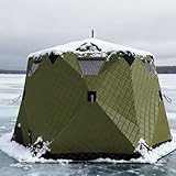 Instant Pop-Up Ice Fishing Tent Insulated 420D Hexagon Shelter for 5-6 People Portable Ice Shanty with Stove Jack & Dark Green Camo Ideal for Ice Fishing & Winter Camping