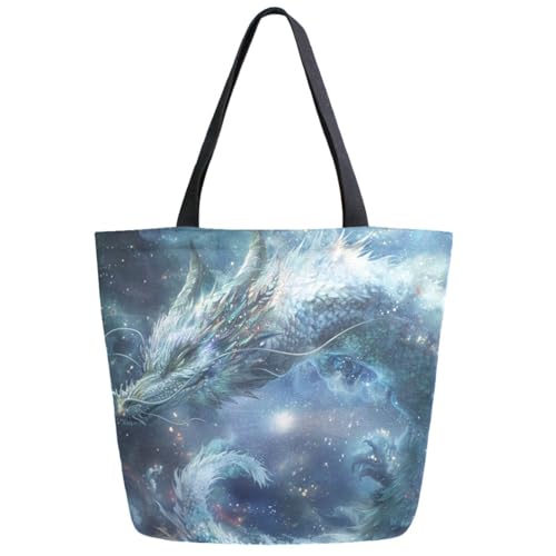 ZzWwR Vivid Pattern Extra Large Shoulder Grocery Tote Bag, Colors Magic Dragon Canvas Daily Handle Bag for Gym Weekender Beach Travel Kitchen Reusable Market Shopping