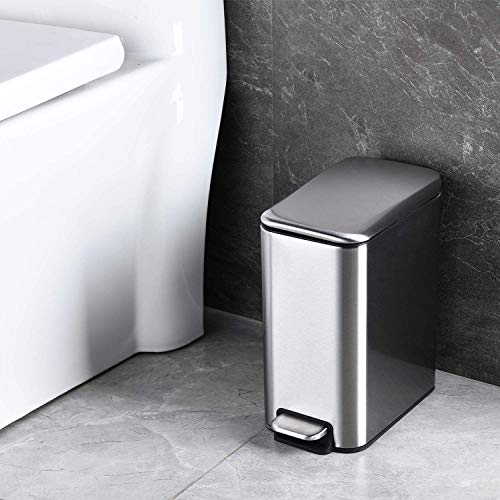 Cltec 5L/1.3Gal Stainless Steel Trash Can With Lid Soft Close, Removable Inner Waste Basket, Slim Small Garbage Can, Rectangular Step Trash Bin For Bathroom Bedroom Office, Anti-Fingerprint, Silver #TOP6