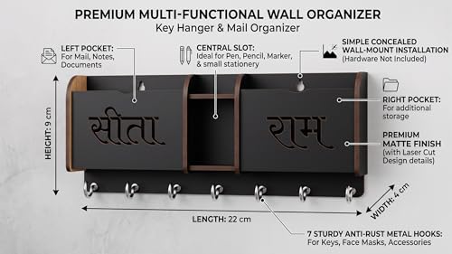 Image of Sita Ram Wooden Key Holder for Wall with 7 Anti-Rust Hooks | Multi-Functional Key Hanger & Mail Organizer | Entryway Storage Box for Letters, Mobile, Cards & Pens | Elegant Spiritual Home Decor