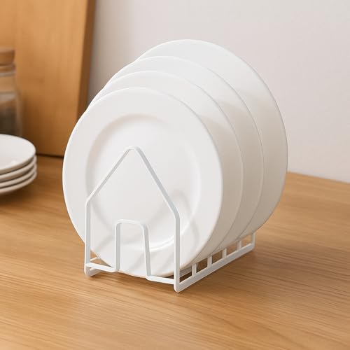 Image of Countertop Dish Rack & Plate Stand - 4-Compartment Iron Dish Drying Rack, Space-Saving White Kitchen Organizer (6 x 9 x 9.25 Inches)