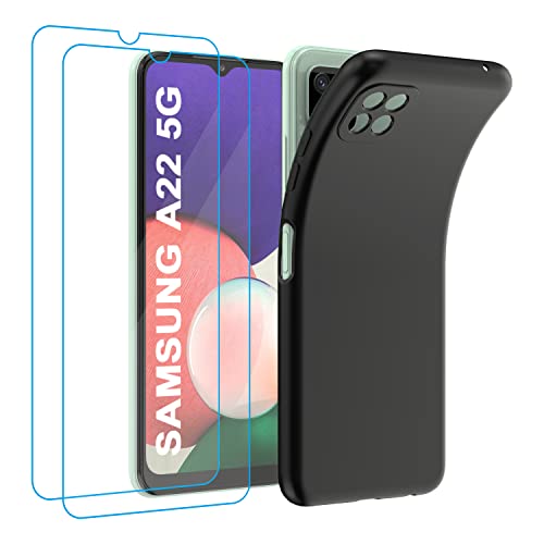 Garegce Coque pour Samsung Galaxy A22 5G + 2 Verre Trempé Protection écran, Ultra Fin Silicone Housse Galaxy A22, TPU Souple Antichoc Anti-Rayures Galaxy A22 5G Etui - 6,6 Pouces - Noir Mat Cover