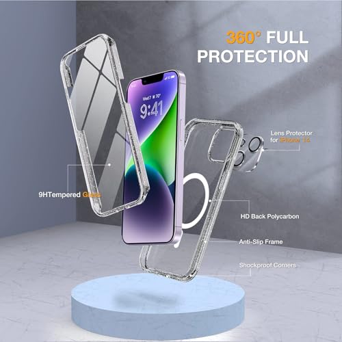 Image of Miracase Glass Series Designed for iPhone 14 Plus Case 6.7 inch, 2023 Upgrade Full-Body Magnetic Clear Case with Built-in 9H Tempered Glass Screen Protector,Compatible with MagSafe,Clear Glitter
