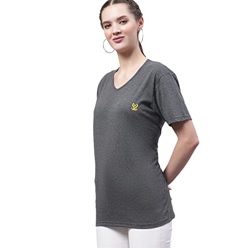 Image of Mack Jonney Women V Neck Cotton Solid Regular Fit T-Shirt-V Anthraa 001-P