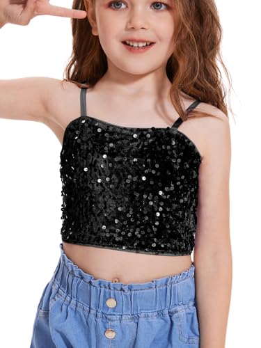 Girls Sleeveless Tank Top Sequin Spaghetti Strap Crop Cami Camisole Sparkly Dance Blouse3