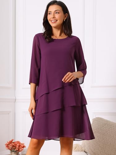 Image of Seta T Women's Chiffon Dresses 3 /4 Bell Sleeve Crewneck Tiered Layered Flowy Dress Party Wedding Outfits