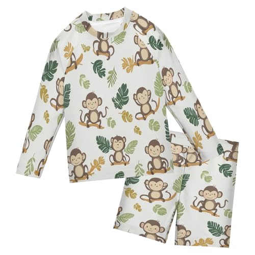Lovely Monkey with Leaves Boys Swimsuit Rash Guard Toddler Kids Long Sleeve Swim Shirt and Trunks Swimwear Set 3-10Y