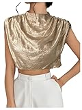 SweatyRocks Women's Satin Crop Tops Ruched Mock Neck Cap Sleeve Elegant Blouse Shirt Gold Medium