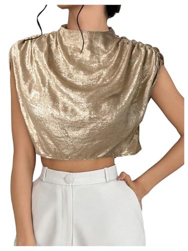 SweatyRocks Women's Satin Crop Tops Ruched Mock Neck Cap Sleeve