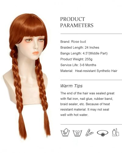 Image of Rose bud Anime Costume Agnes Annabelle Cosplay Wig Long Hair Heat Resistant Adjustable Fit 23 Inches Double Braided Orange Wigs With Bangs for Halloween Cosplay