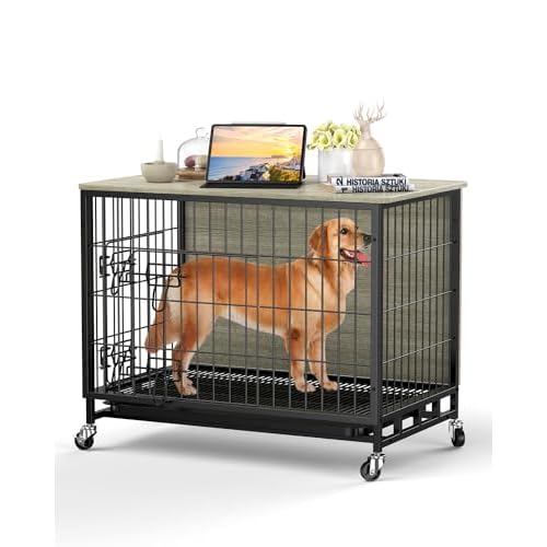 Dog Crate Furniture, 27.2 in Wooden Dog Kennel with Wheels and Double Door, Decorative Pet House with Removable Tray, Mo