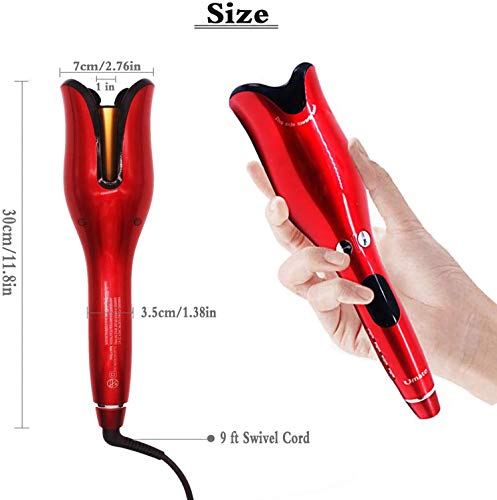 Automatic Hair Curler, Hair Rotating Curling Wand with Extended Ceramic Barrel, Auto Off, Red