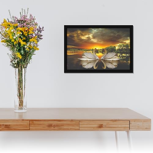 Image of Mad Masters 2 White Swan Bird Duck Love Painting Hanging Photo Frame Decorative Item for Living Room, Bedroom, Home Decor and Wall Decoration (MM 10036, 30.5L x 20.3W cm, Canvas, With Plexi Glass)