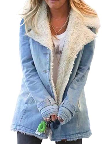 GOSOPIN Women Lapel Sherpa Fleece Lined Denim Jacket Warm Overcoat Outerwear Medium Sky Blue