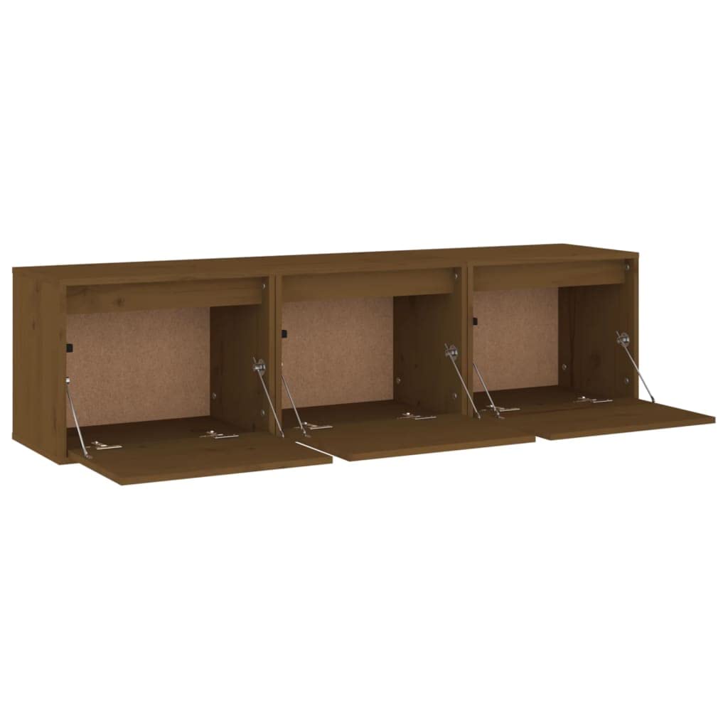 3-Piece Solid Pine Wood Floating TV Stand | Each honey brown wall-mounted unit measures 45x30x35 cm, providing space-saving storage for living room media centers.