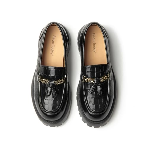 Image of BEAU TODAY Chunky Loafers for Women,Womens Platform Loafer Shoes,Chunky Heel Lug Sole Slip-on Metal Chain Shoes,Comfort Round Toe Business Work Office Shoes