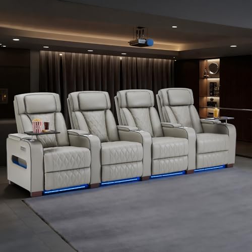 Image of Luxury Home Theater Seating - Power Recliner with Adjustable Headrests, Blue LED Ambient Lighting, Tray Table, USB & Type-C Charging (Grey,4 Seat)