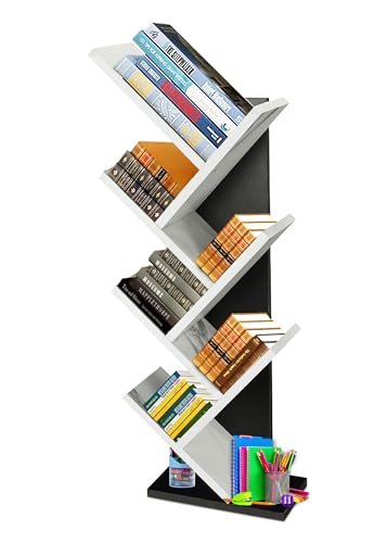 Image of SBF Furniture Engineered Wooden Book Rack,Space Saver Book Shelf for Home Living Room and Office Table Top Free Standing Organizer,Laminated Finish Modern Book Shelve (7Tier Black & White)