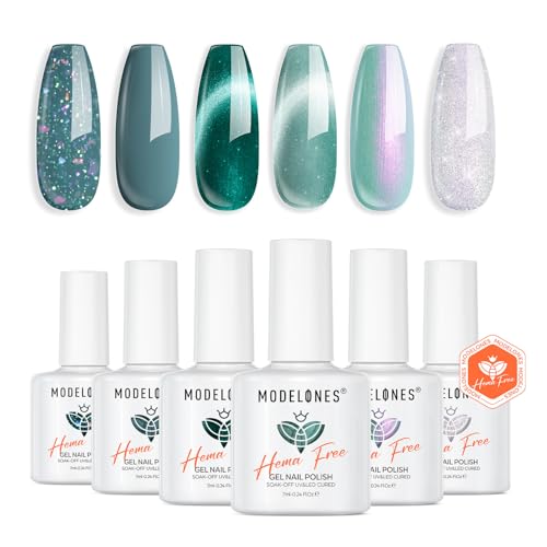 Modelones Green Gel Nail Polish Set, 6 Colors Holographic 9D Cat Eye Glitter Gel Polish White Green Nail Polish with Magnet Soak Off Led Manicure Nail Art DIY Gifts