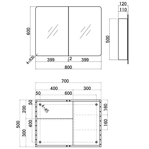 ELEGANT Double Door Bathroom Mirror Cabinet Wall Mounted, 600 x 800 mm - Image 2