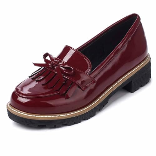 Zapatillas para mujer, informales, cómodas, mocasines de piel con diseño de borlas de lazo para el día a día, Vino, 39 EU