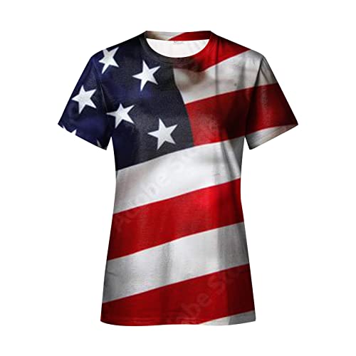 Camisetas femininas 4 de julho blusa verão dia da independência estampada manga curta gola redonda c