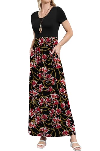 Image of EUOVMY Women's Short Sleeve Loose Plain Maxi Dresses Casual Vacation Long Dresses with Pockets