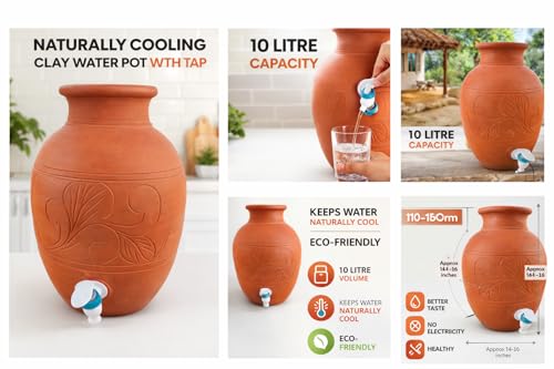 Image of Clay Water Pot with Tap, Terracotta, 10 Litre, Handmade, Keeps Water Cool, for Home & Office