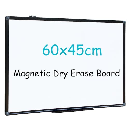 XIWODE Magnetisch droog wisbord, wandmontage whiteboard, 60 x 45 cm, lichtgewicht wit bord, wisbord zwart aluminium ingelijst met gelakt stalen oppervlak