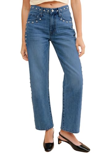 D-Sun Women's Mid Rise Straight Leg Jeans Studded Wide Leg Casual Jeans Rivet Stretchy Baggy Denim Pants