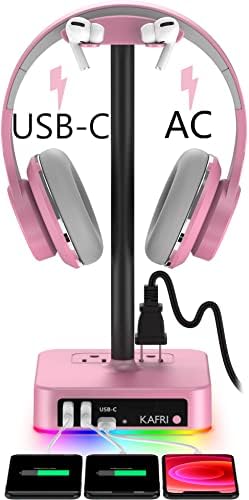 RGB Headphone Stand with USB Charger KAFRI Desk Gaming Headset Holder Hanger Rack with 3 USB Charging Port and 2 Outlet - Suitable for Gamer Desktop Table Game Earphone Accessories Girlfriend Gift