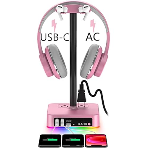 KAFRI RGB Headphone Stand with USB Charger Desk Gaming Headset Holder Hanger Rack with 3 USB Charging Port and 2 Outlet - Suitable for Gamer Desktop Table Game Earphone Accessories Girlfriend Gift