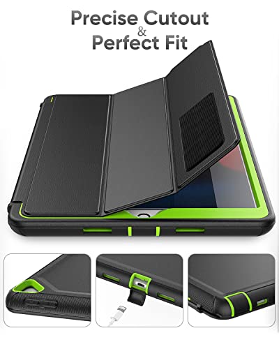 Seymac Ipad 9Th/8Th/7Th Generation Case, Ipad 10.2 Case, Durable Sturdy Heavy Duty Shockproof Protection Folio Stand Case With Smart Cover Auto Sleep/Wake For Ipad 10.2 Inch, Black+Green #TOP2