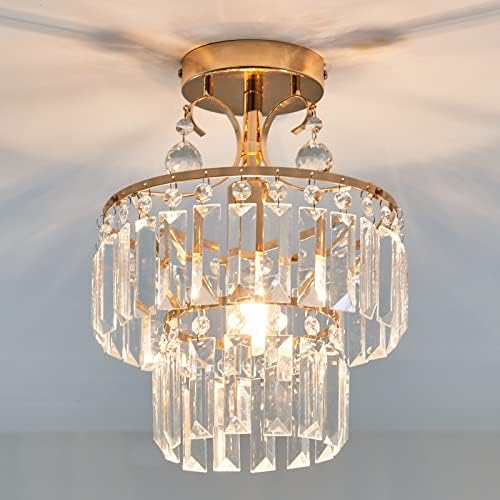 YYJLX Small Crystal Raindrop Mini Chandeliers Semi Flush Mount Ceiling Gentle Fixture Ceiling Lamp for Hallway Bar Kitchen Eating Room Residing Room （Rose Gold）