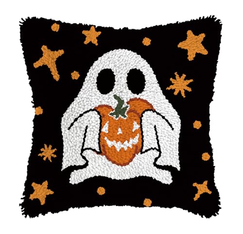 QIONG MENG Latch Hook Kits for Adults, DIY Halloween Ghost Pattern Pillow Cover Kit Needlework Cushion Cover Hand Craft Crochet for Home Sofa Decorations 17 x 17 Inch