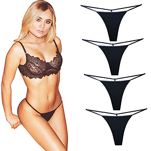 Cotton G String Thongs for Women T Back Gstring Underwear Seamless Panties Tangas Sexy 4 Pack Set (Black, Medium)