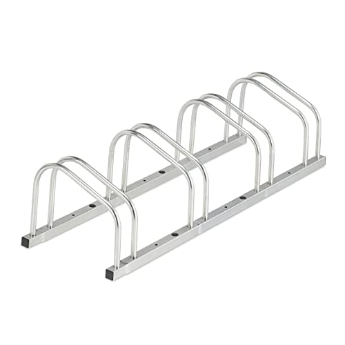 Relaxdays Soporte Bicicletas Suelo para 4 Bicis, Neumáticos hasta 50 mm, Metálico, Garaje, Aparcabicicletas, Plateado, Acero, 26 x 103 x 33.5 cm