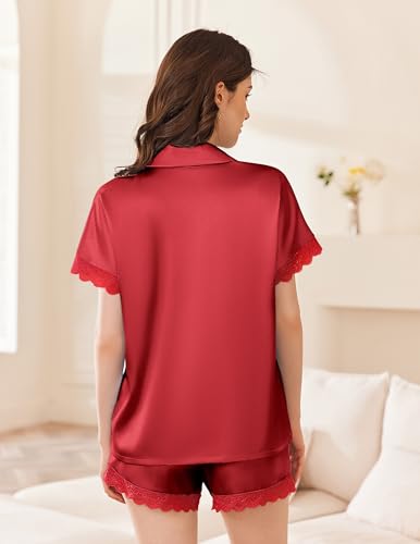 Image of Ekouaer Womens Lace Satin Pajama Set Button Down Pj Shorts Set Bridesmaids Getting Ready Outfits Casual Sleepwear XS-XXL