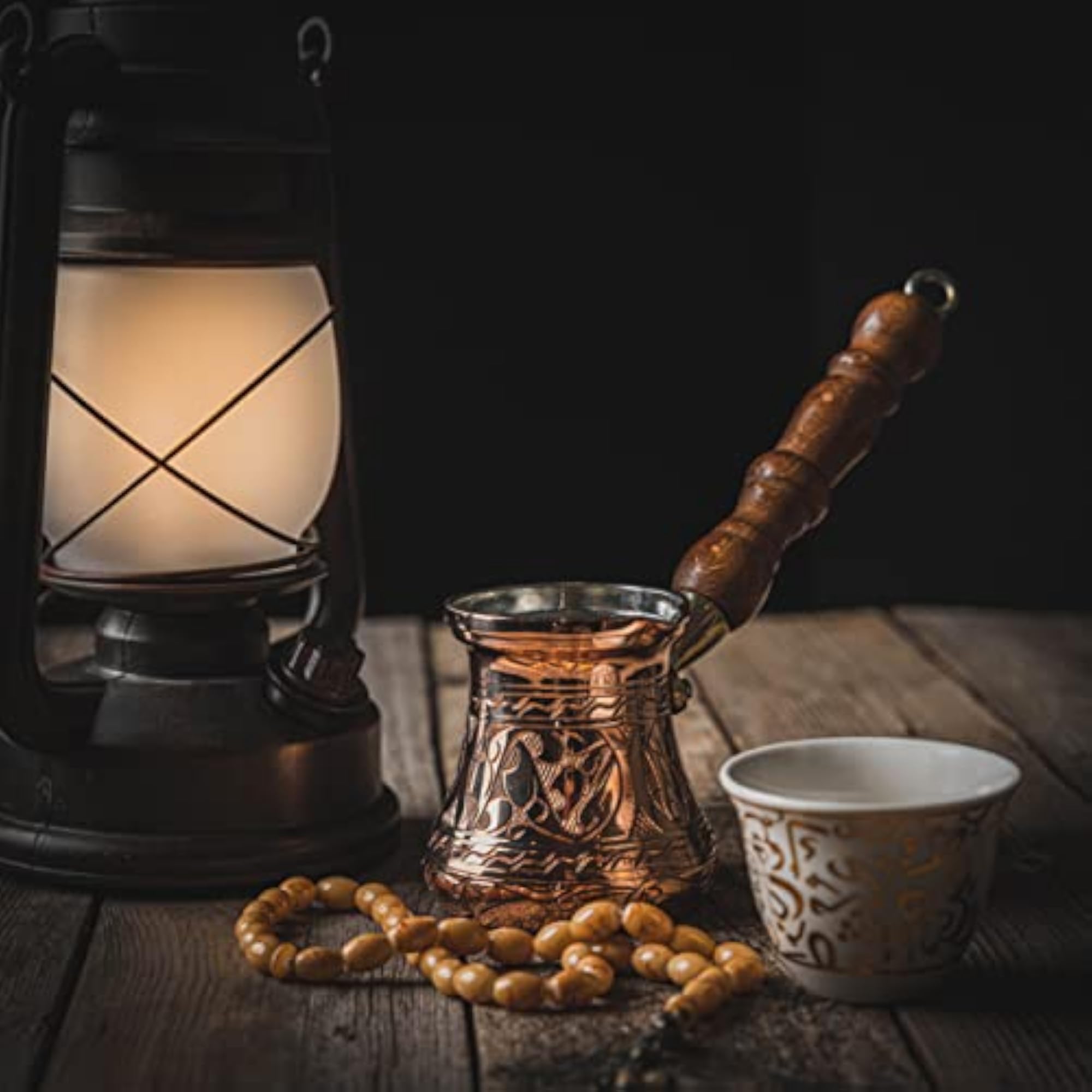 Copper Engraved Turkish Coffee Pot with Wooden Handle