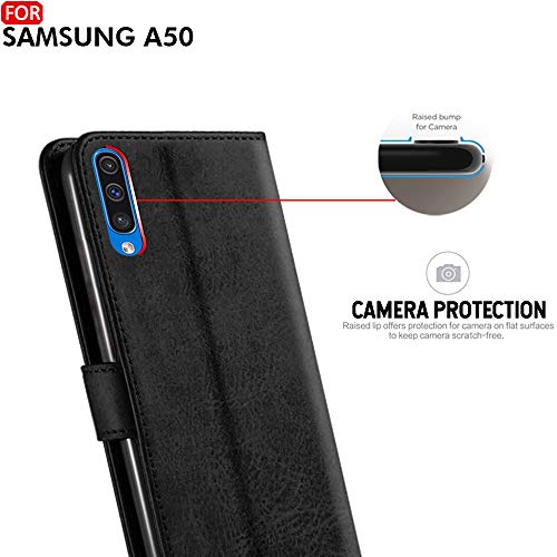 Image of TheGiftKart Genuine Leather Finish Flip Cover for Samsung Galaxy A50s / A50 / A30s | Inside Pockets & Inbuilt Stand | Wallet Style Back Case | Designer Button Magnet Closure (Black)