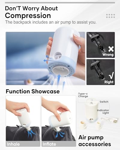 Black Vacuum Backpack Travel Air Backpack with Pump Personal Item Carry On Backpacks Flight Approved Laptop Work Seal Compression Bags Men Women Vacpack Business College Casual Daypack4