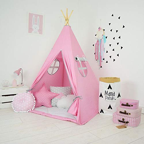 Trisha Happy Teepee theme Portable Teepee Tent with Padded mat,2 Star Shape Cushions,2 kitbag & Free Box Packing-Plain Pink for Kid