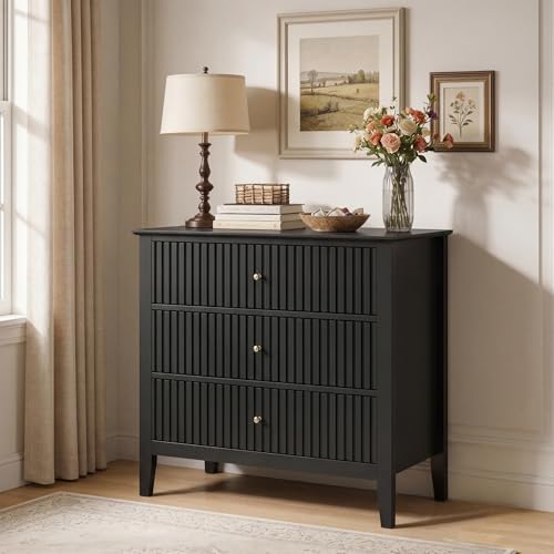 RoyalCraft Black Fluted 3 Drawer Dresser 32 inch Wide Dresser Nightstand for Bedroom Modern Wood Chest of Drawers Large Painted Nightstand with 3 Drawers for Closet Hallway Entryway