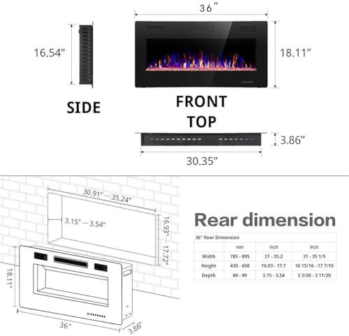 Image of R.W.FLAME 36 inch Recessed and Wall Mounted Electric Fireplace, Ultra Thin ad Low Noise, Fit for 2 x 4 and 2 x 6 Stud, Remote Control with Timer,Touch Screen,Adjustable Flame Color and Speed