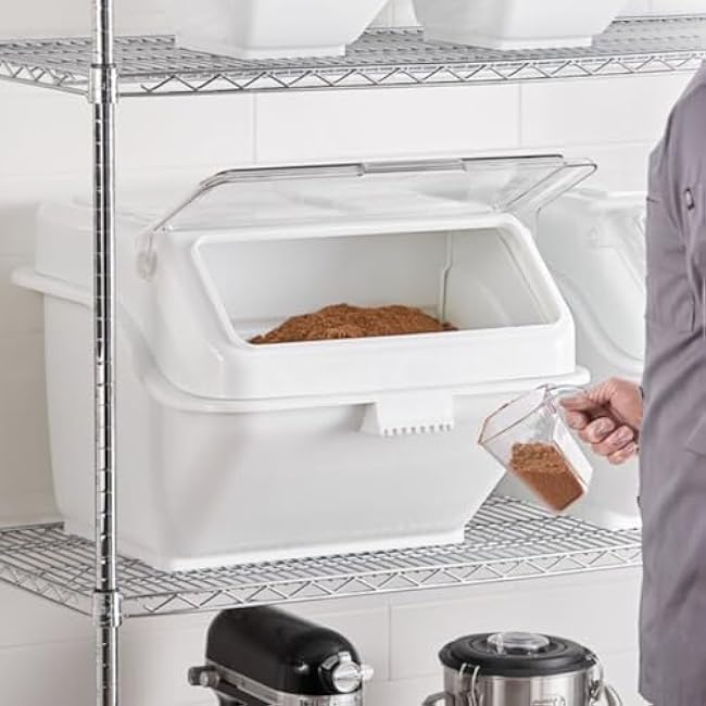 Soro Essentials- 10 Gallon Shelf Ingredient Bin with Hinged Clear Lid Plastic Scoop White Color- Kitchen Food Container Food Storage for Sugar Grains Rice Baking Supplies