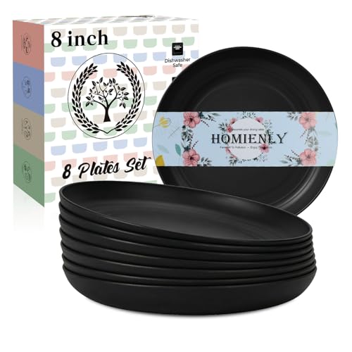 Image of Homienly Wheat Straw Plates Unbreakable Deep Dessert Plates Set of 8 Plastic Plates Reusable Microwave Safe Plate for Kitchen Camping Party Dishwasher Safe Stackable Appetizer Plates (8in, Black)